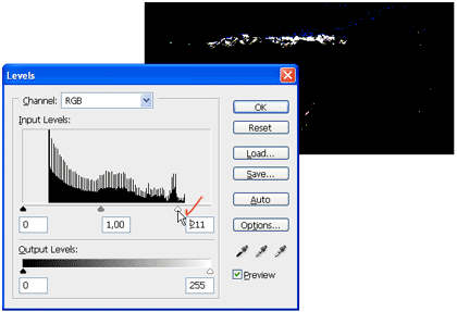 Niveles en Photoshop.- Se observan los pixeles con luces más altas