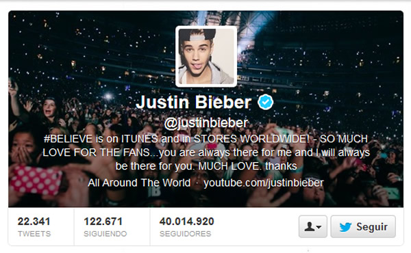 Justin Bieber: Nuevo rey de Twitter con 40 millones de seguidores