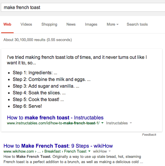 El Gráfico de Conocimiento de Google: Cómo hacer tostadas francesas