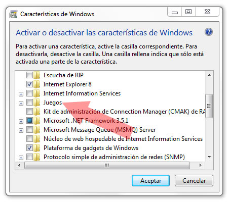 Activar o desactivar caracteristicas de Windows 7