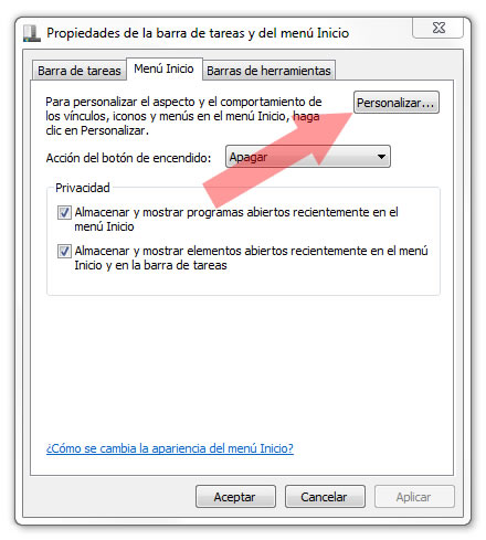Botón Personalizar Menú Inicio