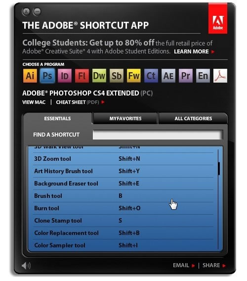 Accesos directos de Adobe