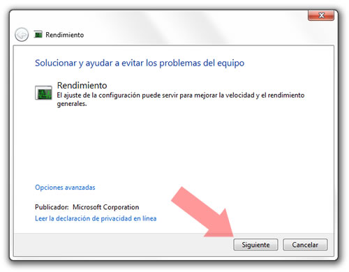 Solucionador de problemas de rendimiento en Windows 7