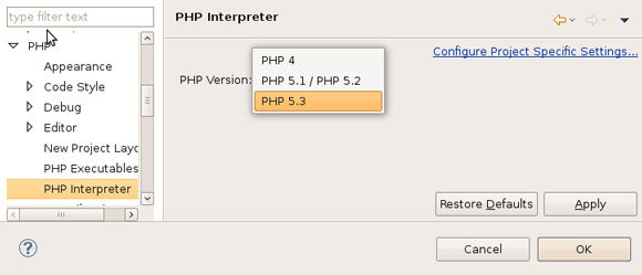 El plugin PDT de Eclipse necesita que definamos el interprete de PHP a la versión 5.3