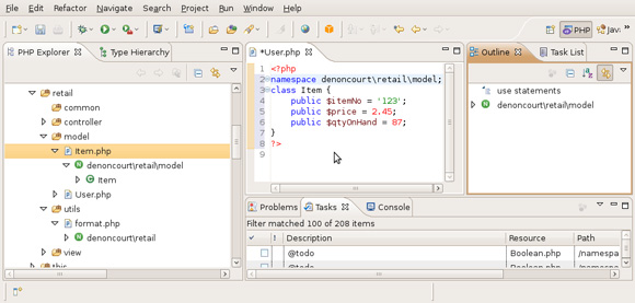 PDT usa syntax highlighting para las palabras claves de espacio de nombre y muestra namespaces en el explorador de PHP y el panel Outline