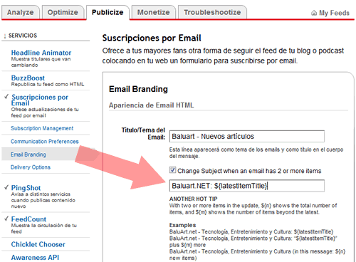 Cómo cambiar la línea de asunto de los newsletters en Feedburner