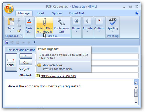 Cómo enviar adjuntos de 100MB con Outlook? Drop.io plugin