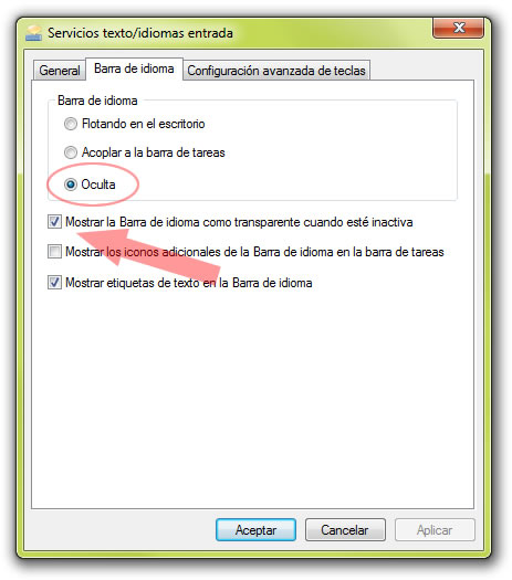 Barra de idiomas oculta Windows 7