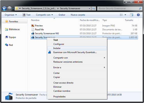 Instalación de Microsoft Security Essentials con Screensaver