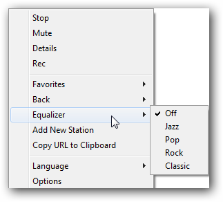 Radiosure opciones del taskbar