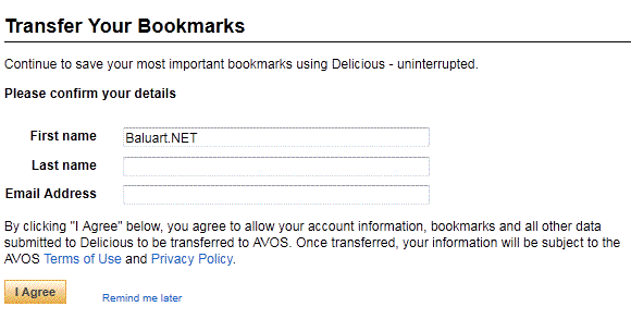 Delicoius AVOS Transferencia de Bookmarks
