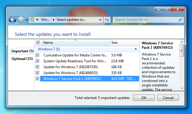 Seleccionar actualizacion SP1 Windows 7