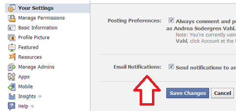 Facebook Notificaciones por email