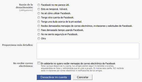 Desactivar cuenta en Facebook