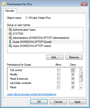 Denegar permisos de seguridad
