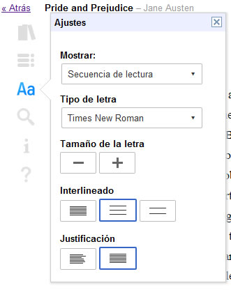 Google eBooks: Ajustes de lectura