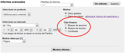 Adsense muestra informes de los bloques de vínculos